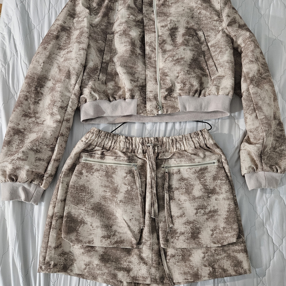 Zara Beige and Cream Textured Jacket and Skirt Set